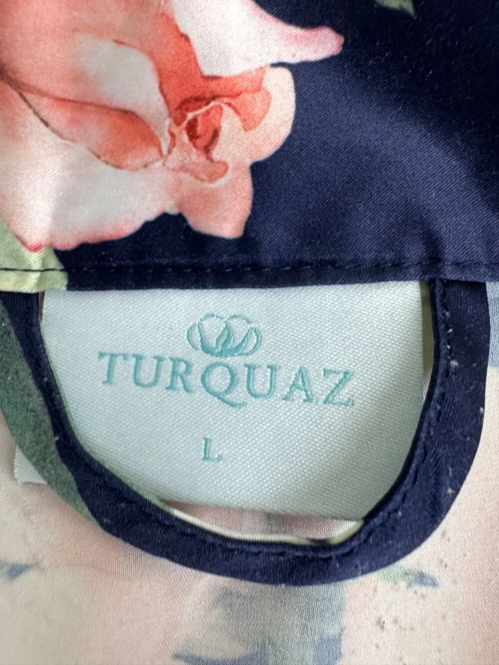 Turquaz Carmen Floral Satin Kimono Robe Navy Blue Rose Wrap Tie Waist Sz LG